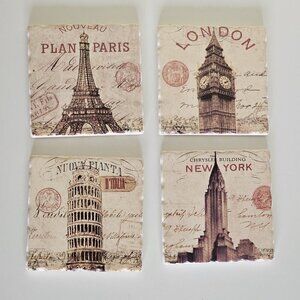 Pier 1 Imports Coasters 4 by 4 Inches Set of 4 Tile Cork Cities Vintage Open Box